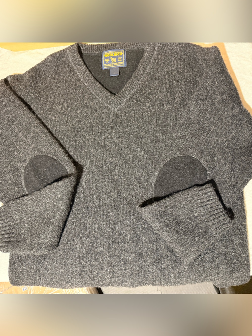 Woolrich Men's Charcoal V-Neck Sweater with Elbow Patches and pocket